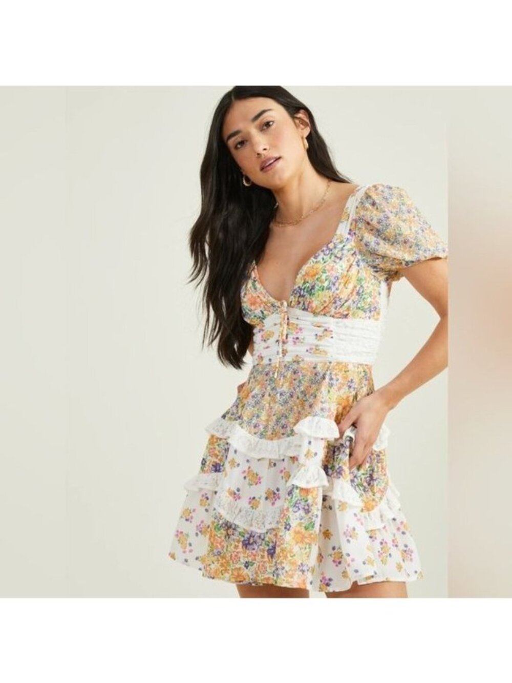 Altar’d State Boho Patchwork Dress XL Lace Trim Puff Sleeves Tiered Hem NWT